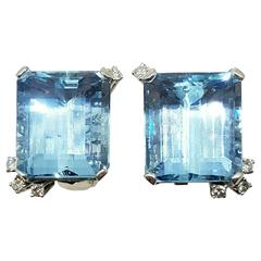 Emerald Cut Aquamarine Gold Platinum Earrings