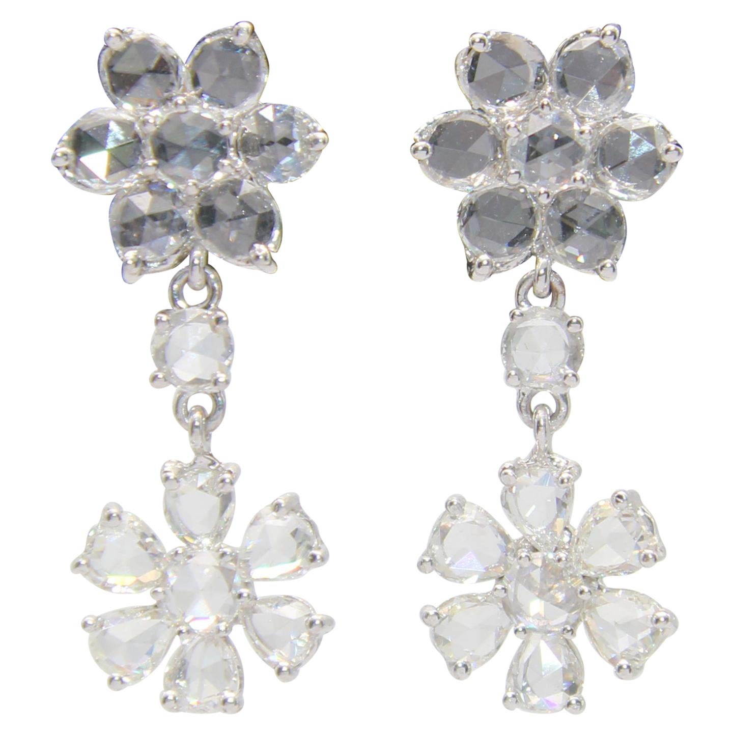 PANIM 2.87 Carat Diamond Rosecut 18K White Gold Floral Earrings For Sale