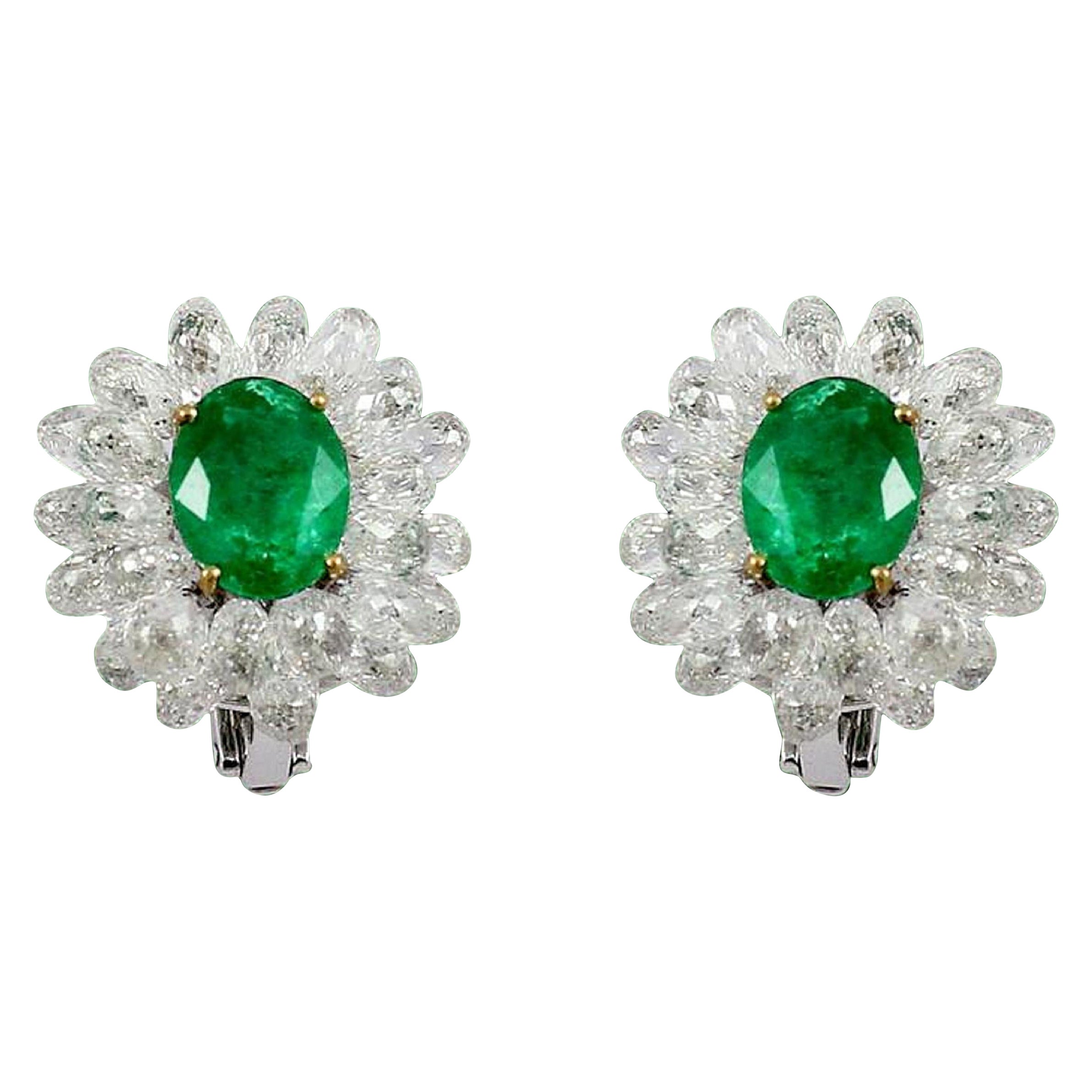 PANIM Diamond Briolette and Emerald 14k White Gold Cluster Earrings For Sale