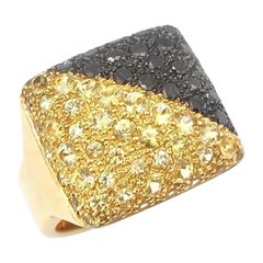 Bold Diagonal Contrast Yellow Sapphire Black Diamond Pavé 18K Yellow Gold Ring