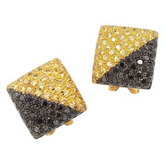 Diagonal Contrast Yellow Sapphire Black Diamond Pavé 18K Gold Clip Earrings