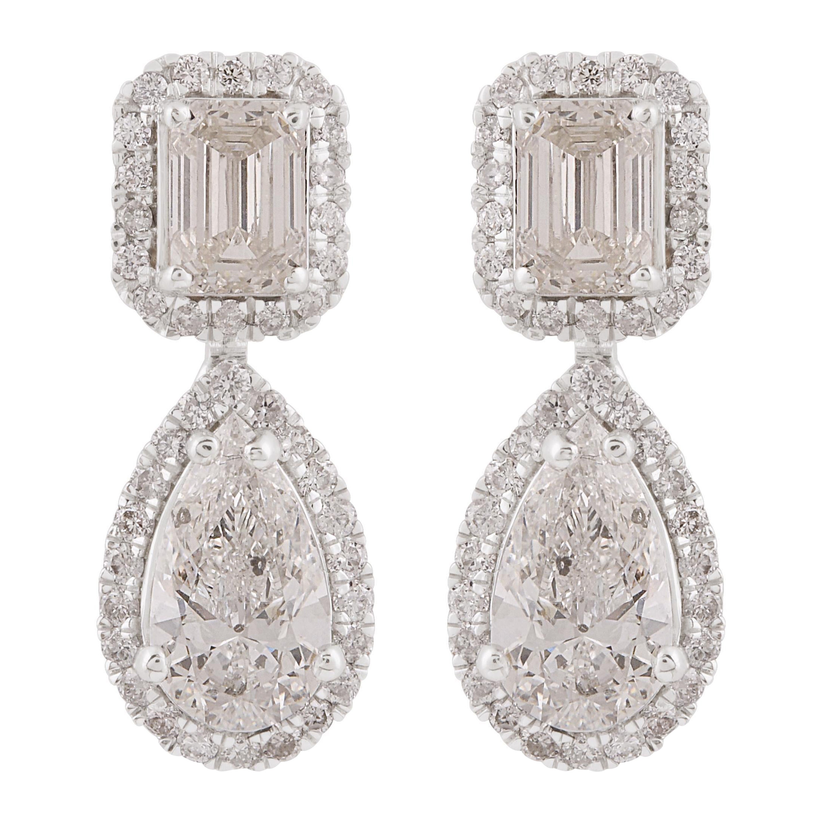 Pear & Emerald Cut Diamond Dangle Earrings 18 Karat White Gold Handmade Jewelry For Sale