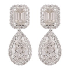 Pear & Emerald Cut Diamond Dangle Earrings 18 Karat White Gold Handmade Jewelry