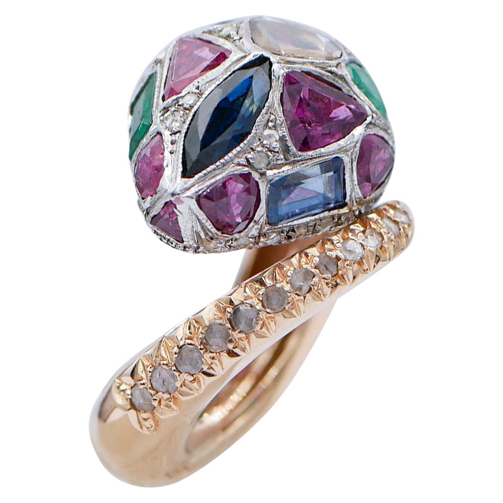 Emeralds, Rubies, Sapphires, Diamonds, 14 Kt Rose Gold and Silver Snake Ring