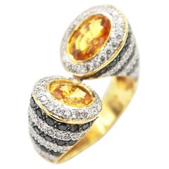 Bypass Twisted Oval Yellow Sapphire Black & White Diamond Stripe 18k Gold Ring