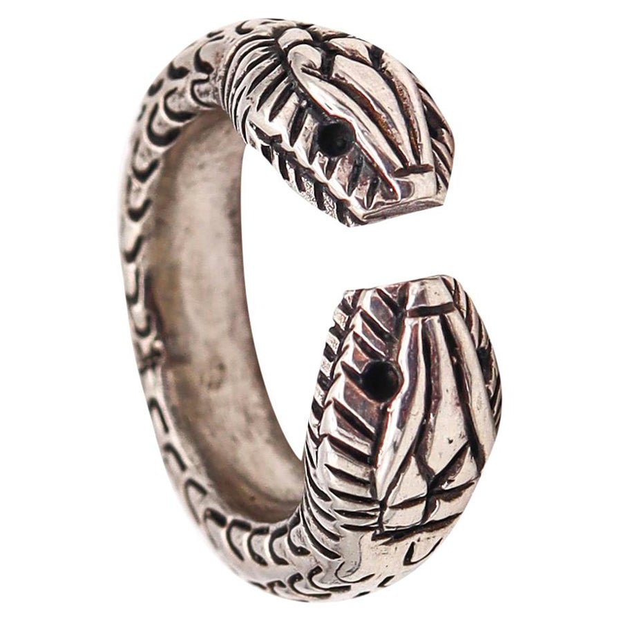 French Etruscan Revival Snakes Cuff Ring in Solid .925 Sterling Silver For Sale