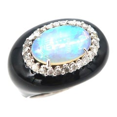 Diamond Halo 1.75 Carat Opal Black Enamel White Gold Ring