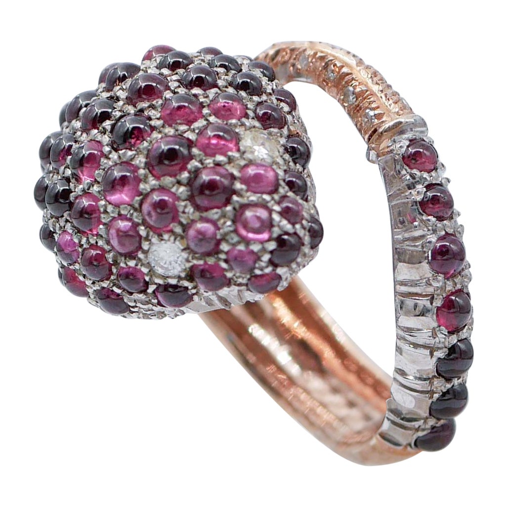 Diamonds, Garnets, Rose Gold and Silver Gold Snake Ring For Sale