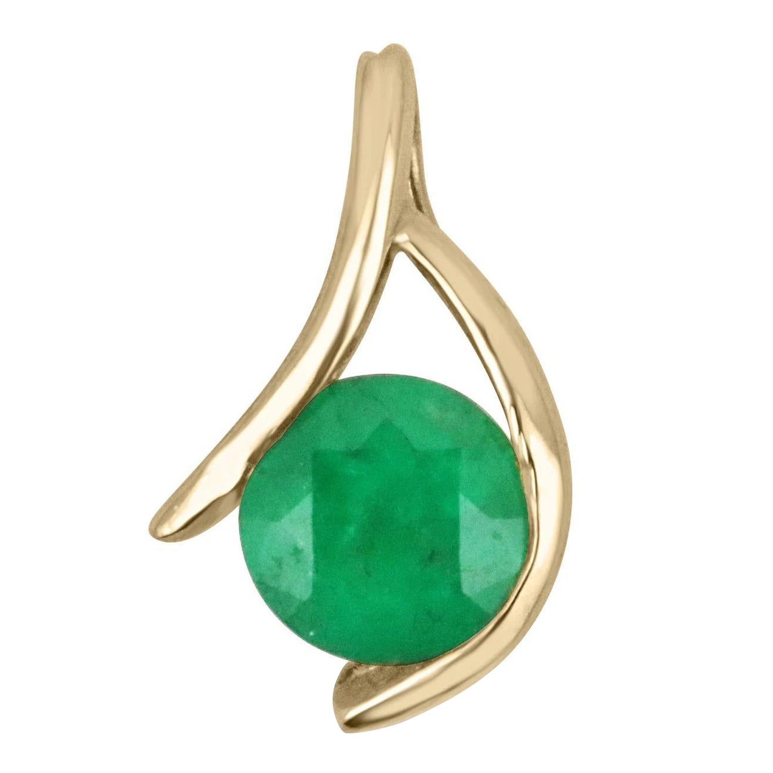 2.0 Carat Colombian Emerald-Round Cut Kanji Shaped Solitaire Pendant Gold 14K