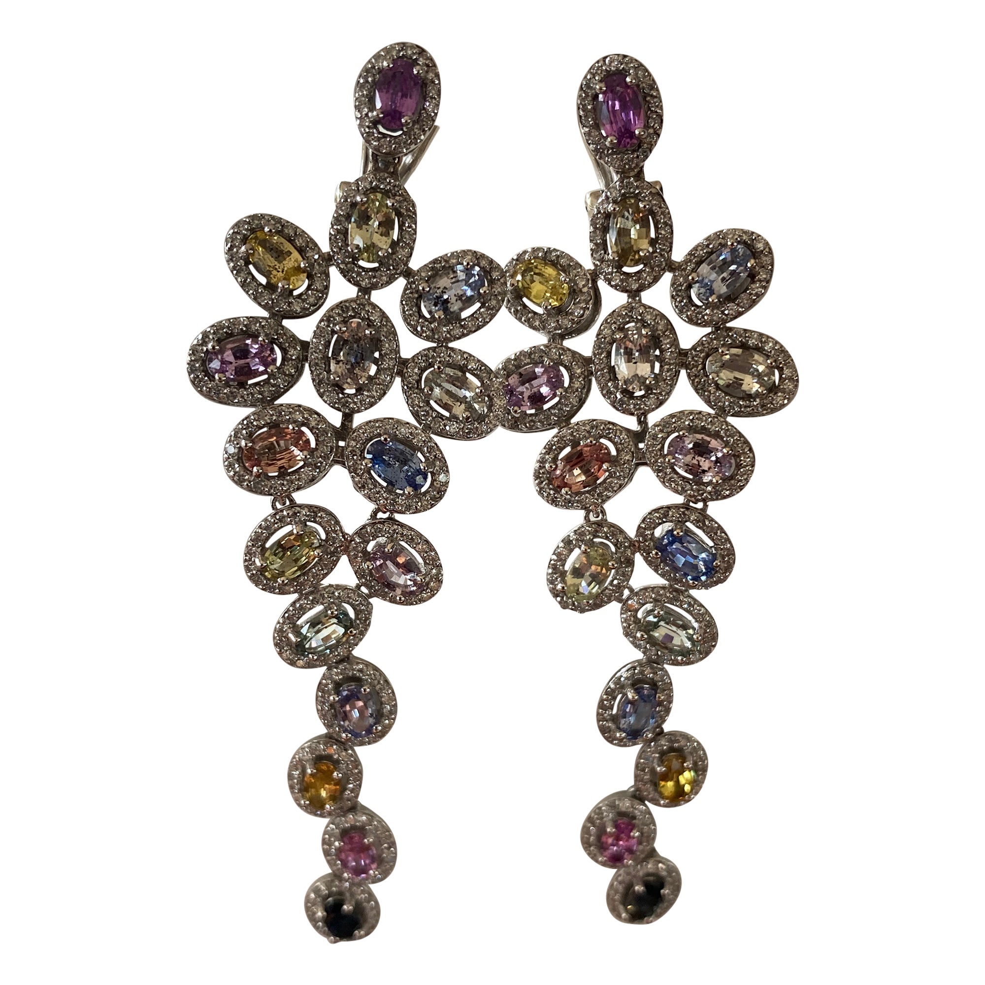 Multi-Color Sapphire and Diamond Drop Down Earrings For Sale