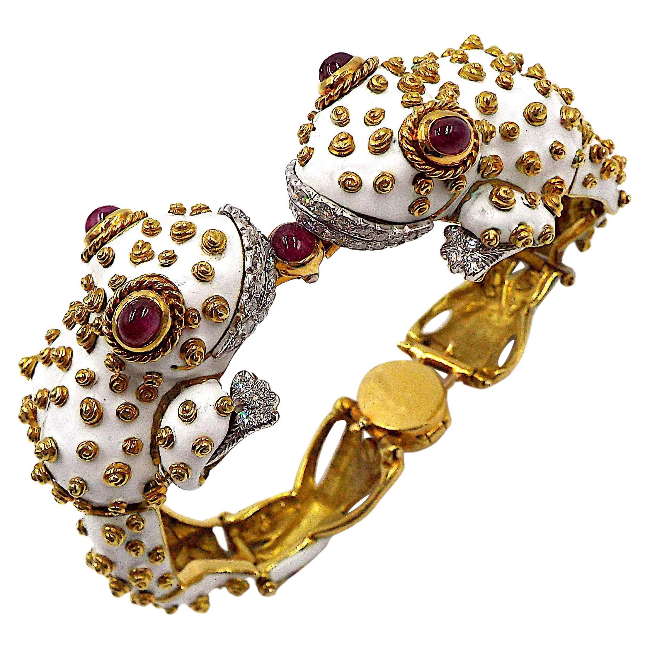 David Webb: 18 Karat Gelbgold Platin Emaille Rubin Diamant-Tweed Frosch-Armband