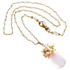 Victorian Rose Quartz Button Pearls Hand Clasp Necklace 