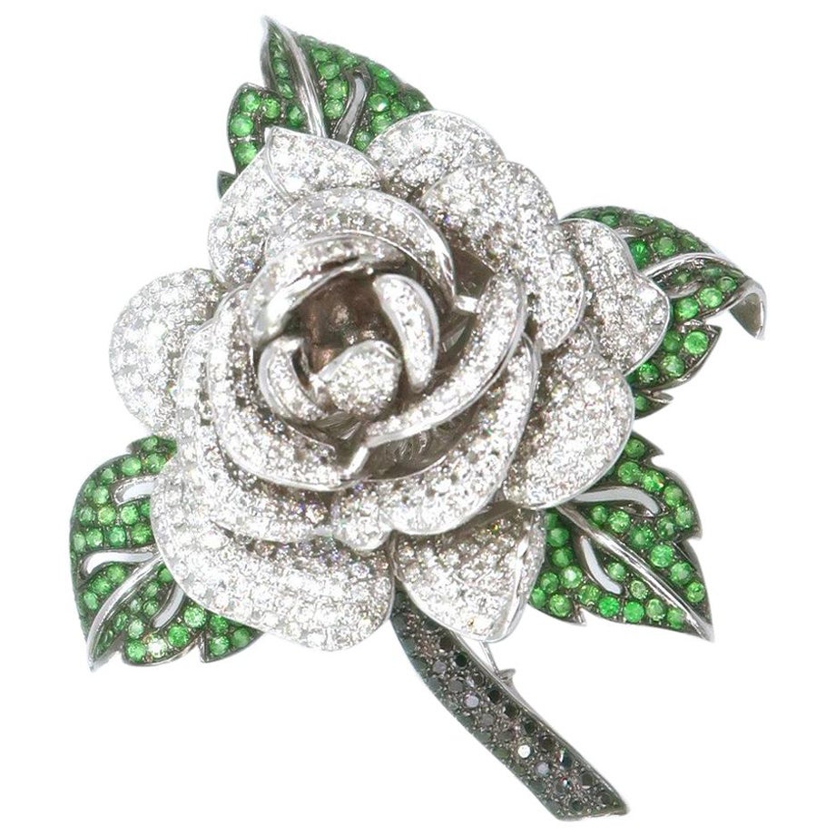 Boon Signature White and Black Diamond Green Emerald Gold Rose Brooch For Sale