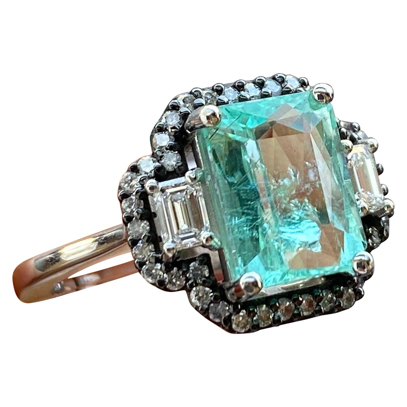 Certified 2.71 Carat Paraiba and Diamond Three Stone Engagement Ring For Sale
