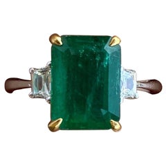 3.90 Carat Emerald and Diamond Three Stone Engagement Ring