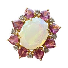 5.63 Carat Opal and Pink Tourmaline Cocktail Ring in 18K Yellow Gold