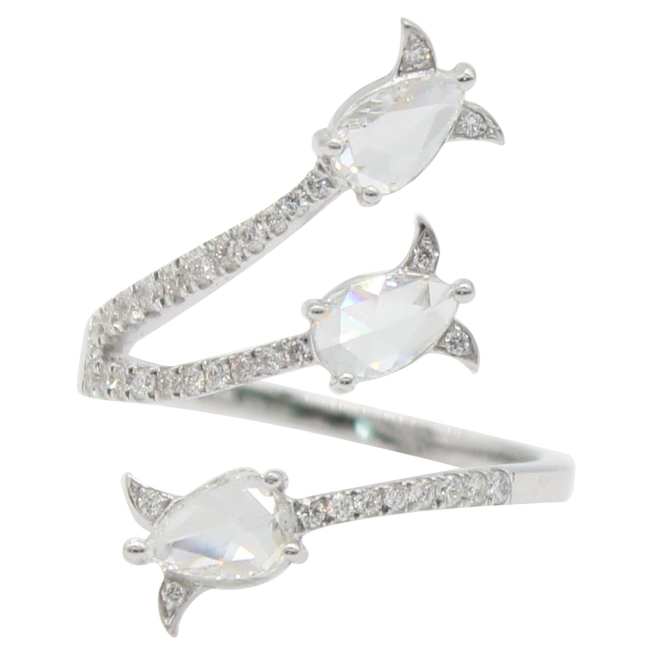 PANIM 3-Stone Diamond Rosecut 18K White Gold Wrap Ring For Sale