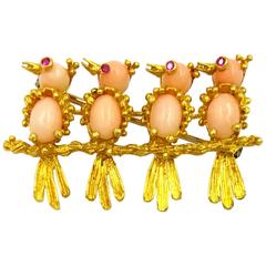 Adorable Pink Sea Coral Birds With Ruby Eyes On A Gold Perch Brooch 