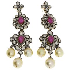 Pearl Ruby Diamond Silver Gold Chandelier Earrings 1