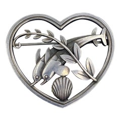 Georg Jensen Leaping Dolphin Heart Brooch 312 Sterling Silver Midcentury Denmark