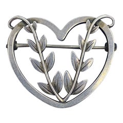 Georg Jensen Spilla a forma di foglia di cuore Danimarca 242 Argento Metà Secolo Moderno