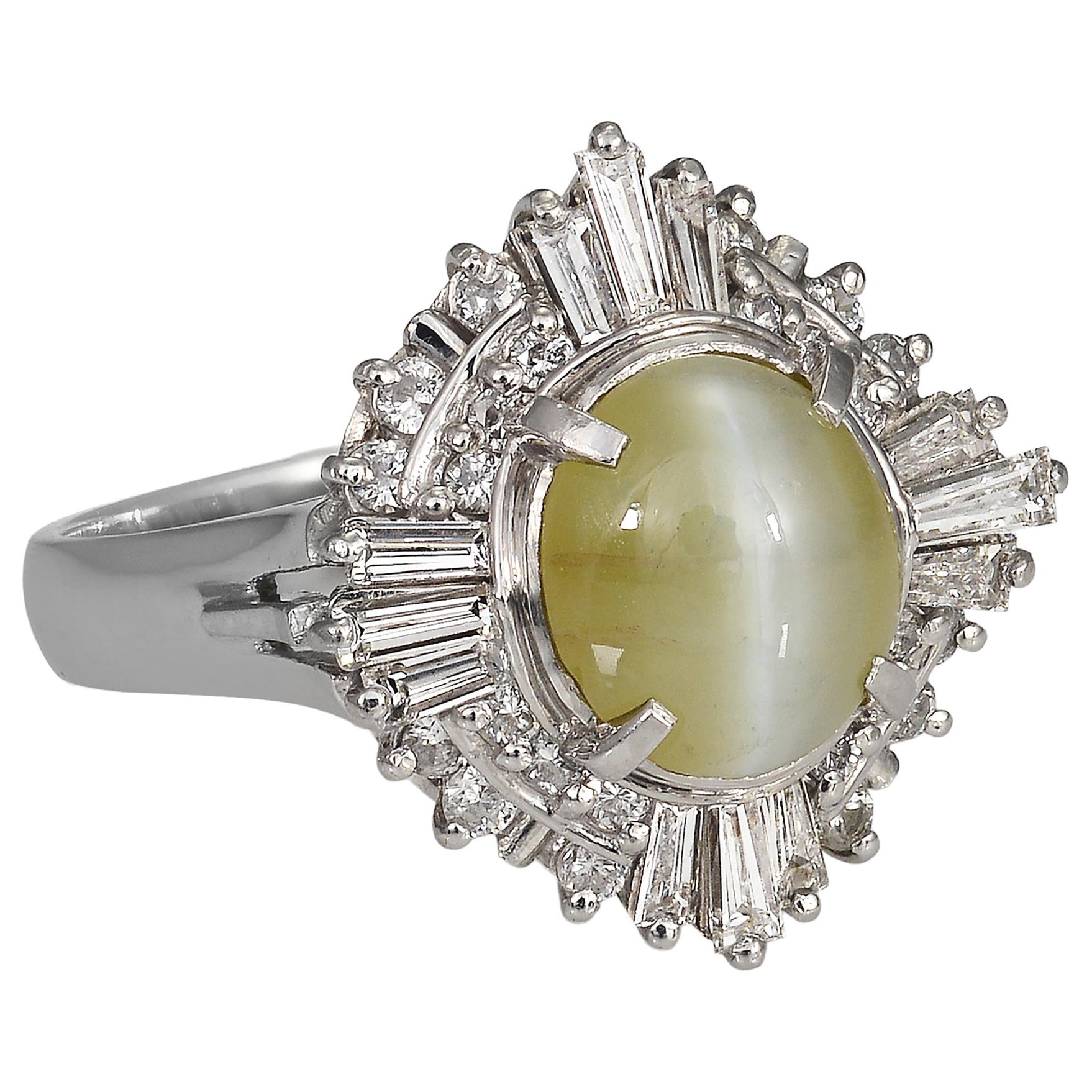 Platinum Cat's Eye Chrysoberyl and Diamond Ring For Sale