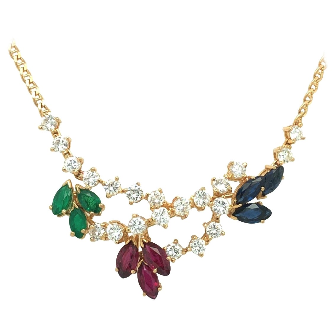 Ruby Sapphire Emerald Diamond Vine Pendant Necklace 18k Yellow Gold For Sale