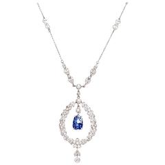 Antique Edwardian Natural Blue Sapphire Diamond Platinum Pendant Necklace 3