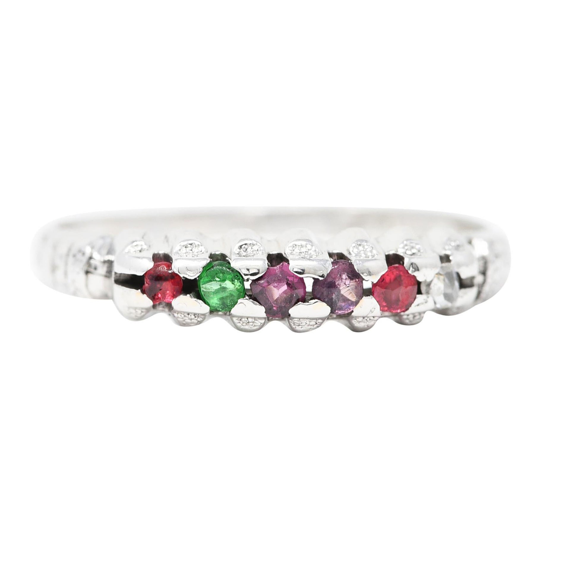 Victorian Ruby Emerald Garnet Amethyst Diamond 14 Karat White Gold Regard Ring