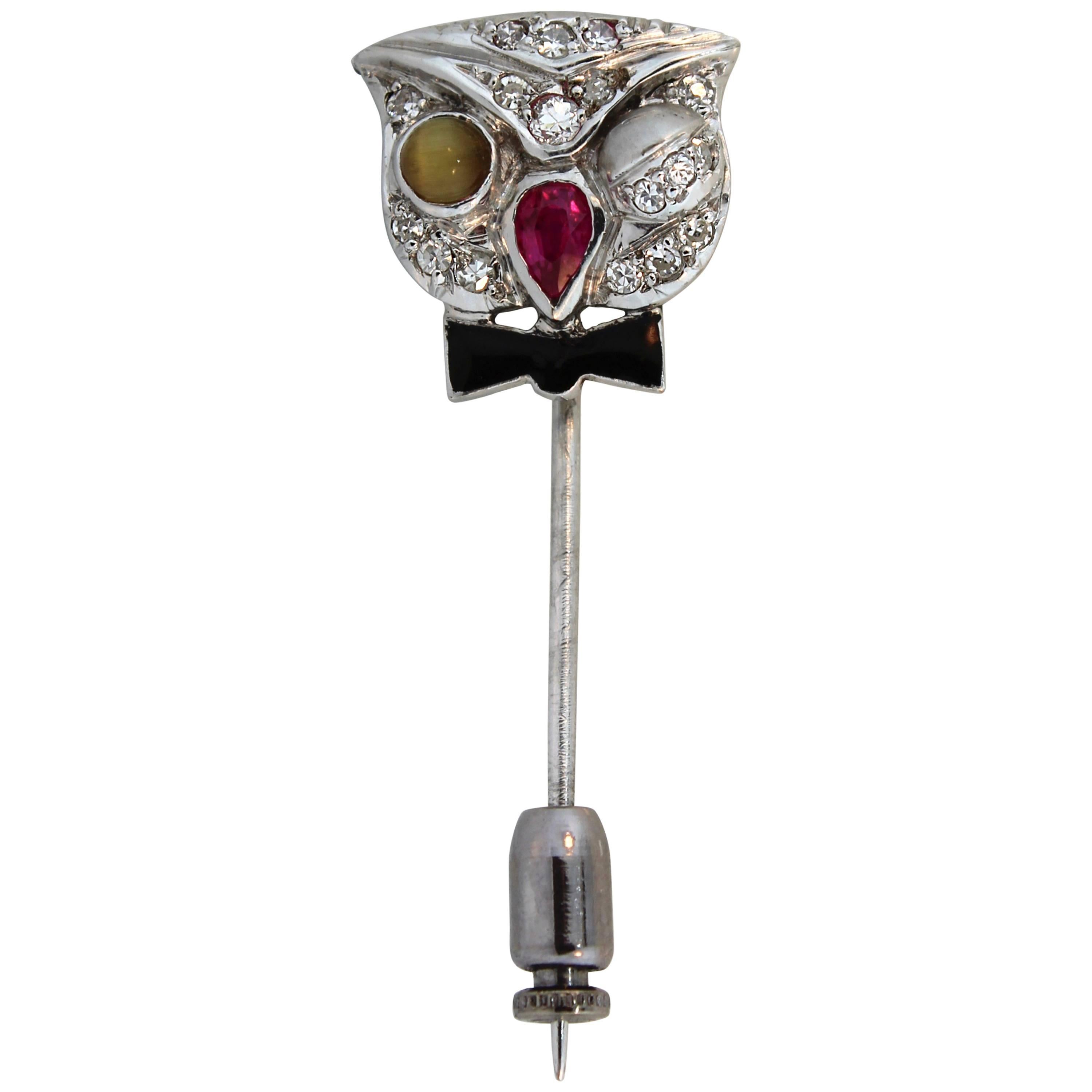 1920s Art Deco Enamel Multi-Gem Platinum Owl Lapel Tie Pin For Sale