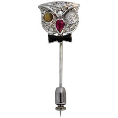 1920s Art Deco Enamel Multi-Gem Platinum Owl Lapel Tie Pin