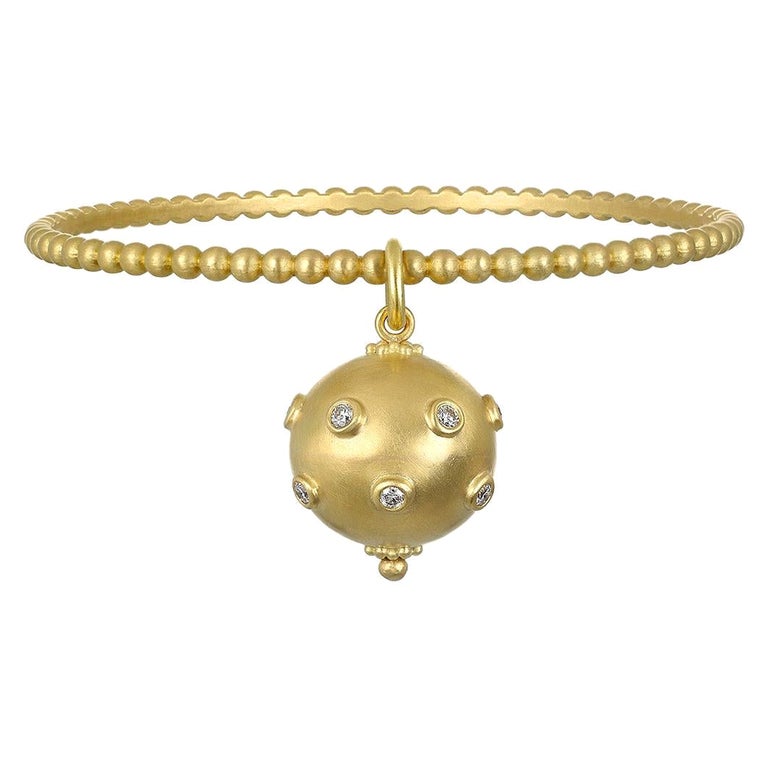 Faye Kim 18 Karat Gold Granulation Bangle with Diamond Ball Charm  For Sale