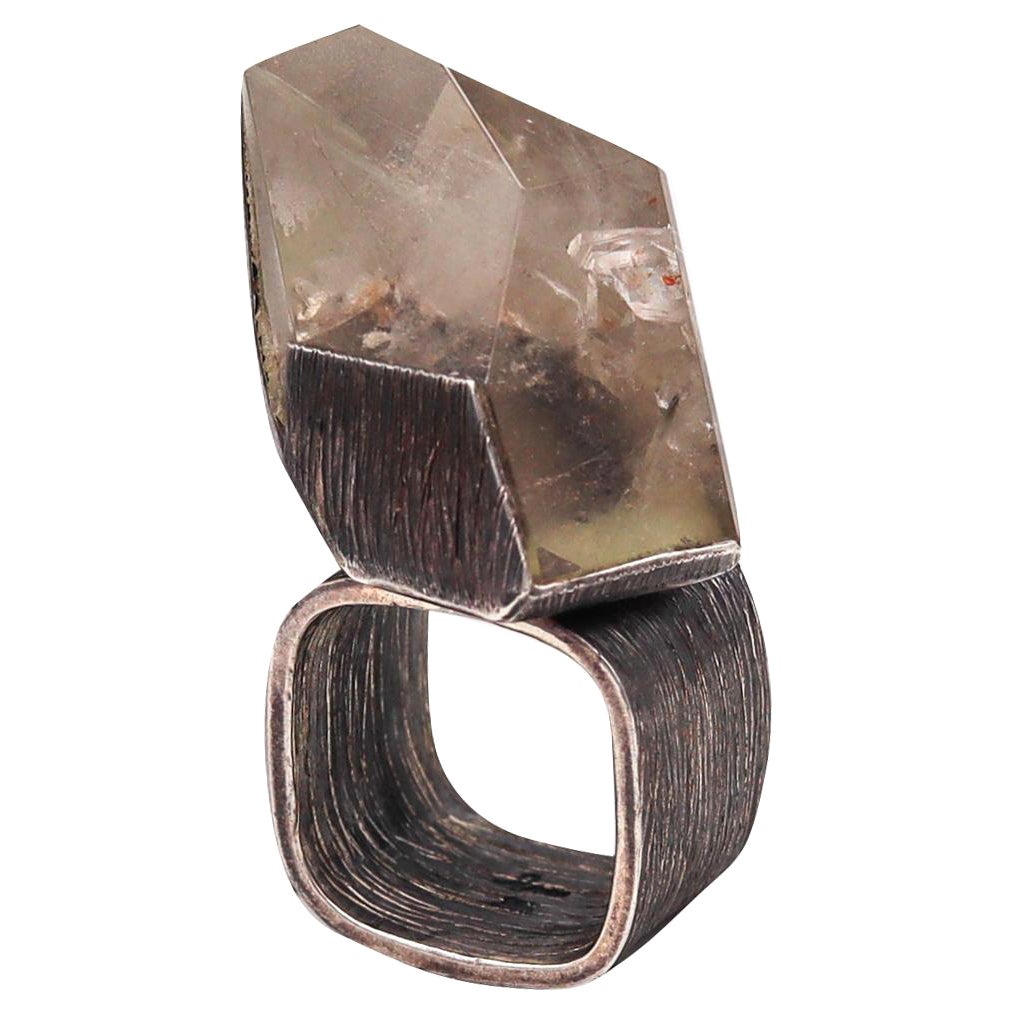 Scandinavian 1960 Brutalist Cocktail Ring in Sterling Silver with Rock Quartz For Sale