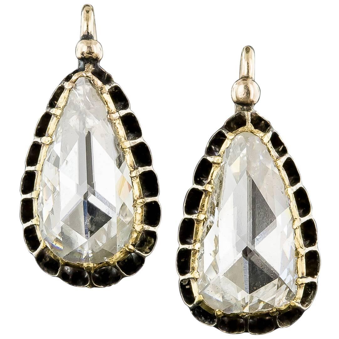 Large Pear Shape Rose-Cut Diamonds Gold Earrings For Sale