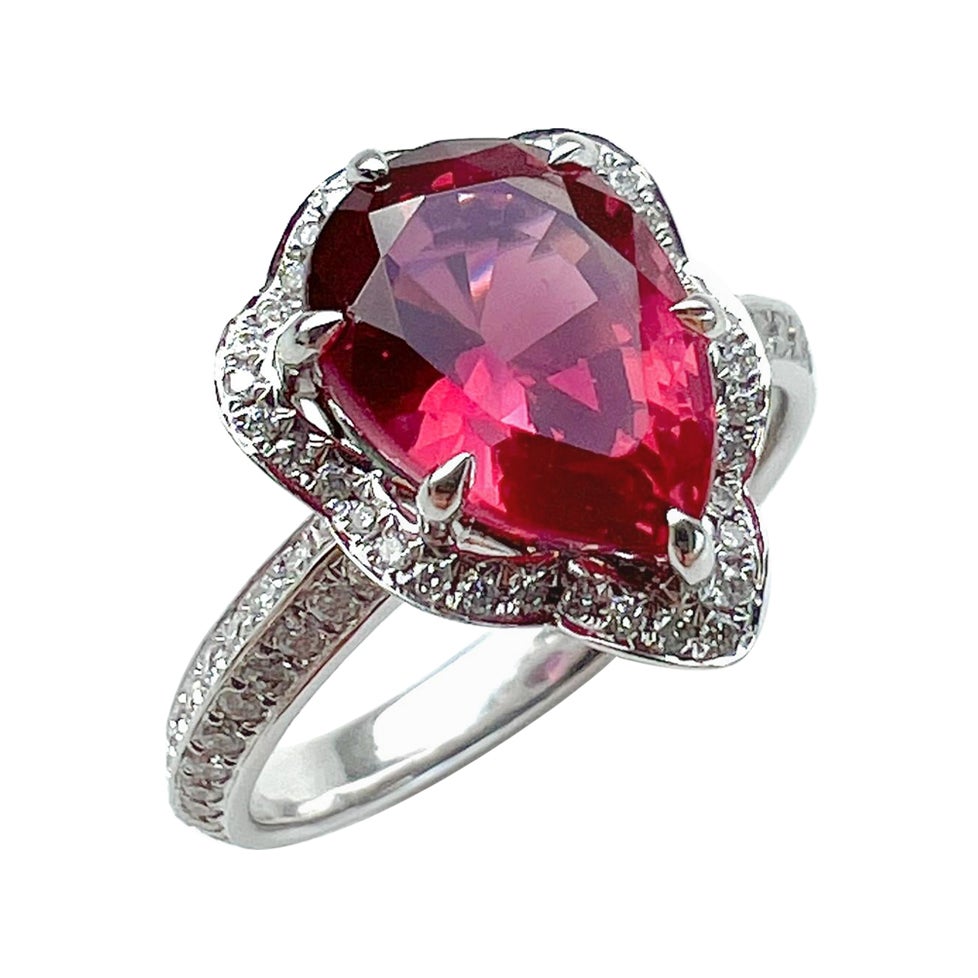 GIA Certified 3.09ct Red Spinel Diamond Cocktail Ring Ornate Halo