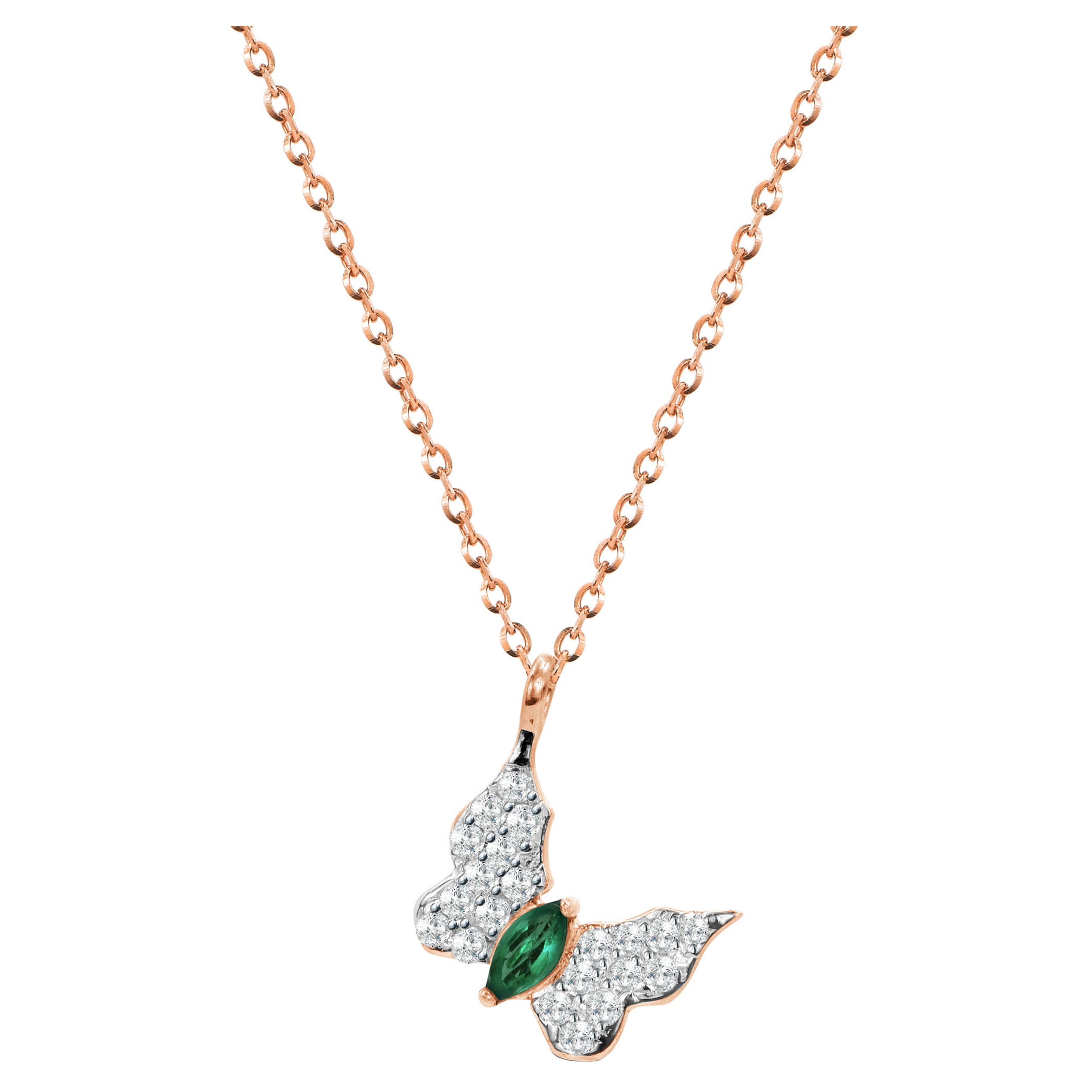 Collier papillon en or 14k avec diamant et émeraude en vente