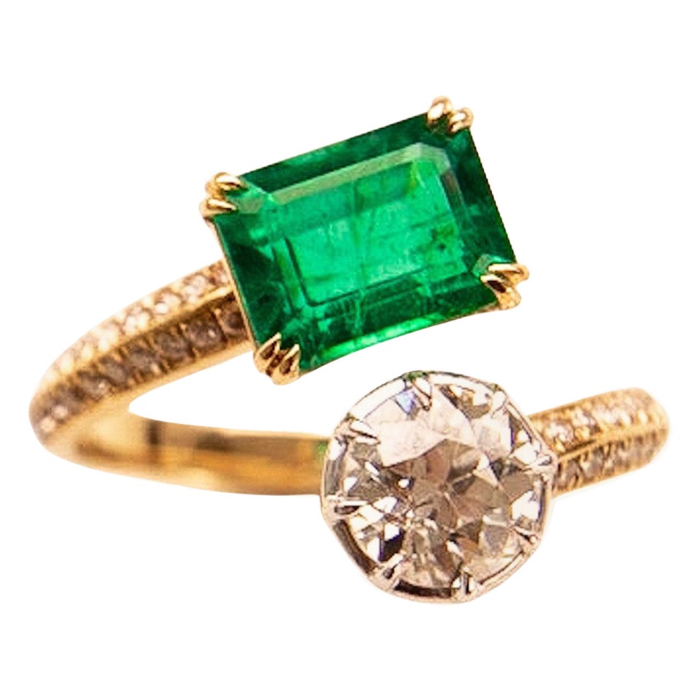 Emerald & Antique Old European Cut Diamond Toi et Moi Engagement Ring