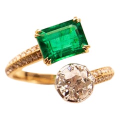 Emerald & Antique Old European Cut Diamond Toi et Moi Engagement Ring