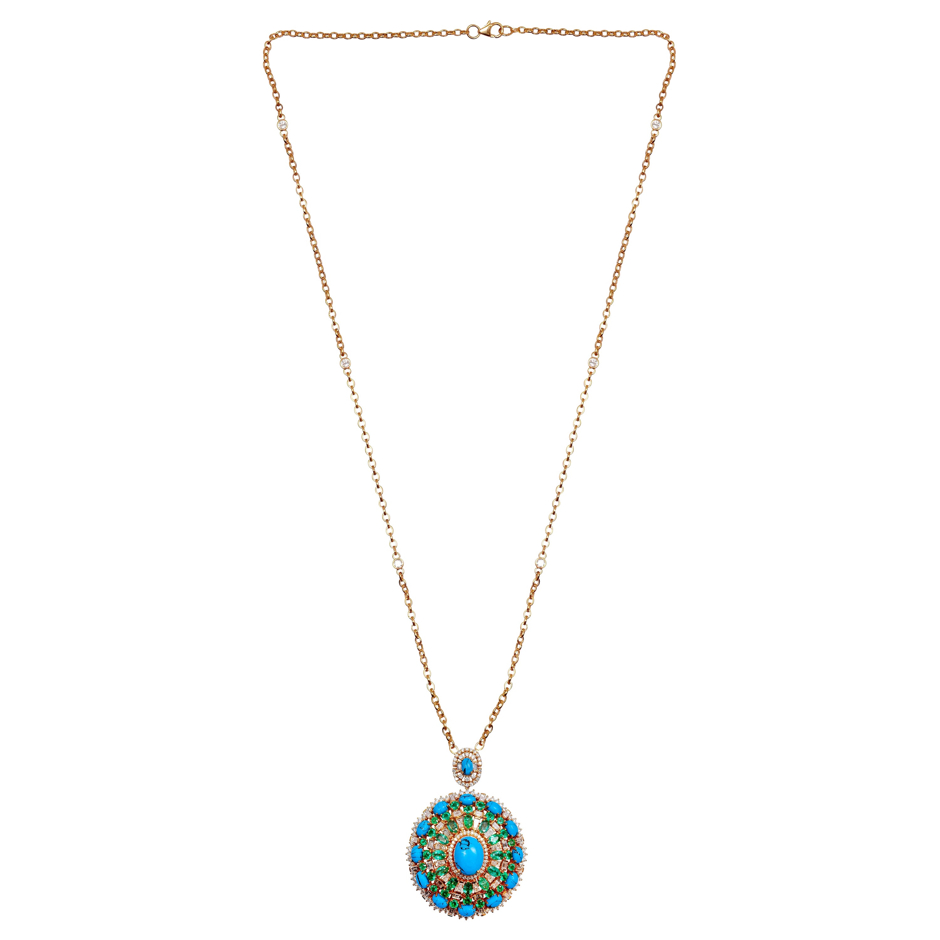 Collier pendentif en or jaune 18 carats avec diamants et émeraude taille ovale et turquoise