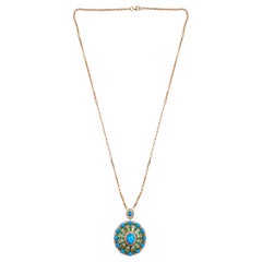 Oval Cut Emerald Turquoise Gemstone Pendant Diamond Necklace 18k Yellow Gold