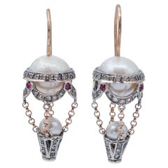 Vintage Pearls, Rubies, Diamonds, Rose Gold and Silver Hot Air Balloon Earrings