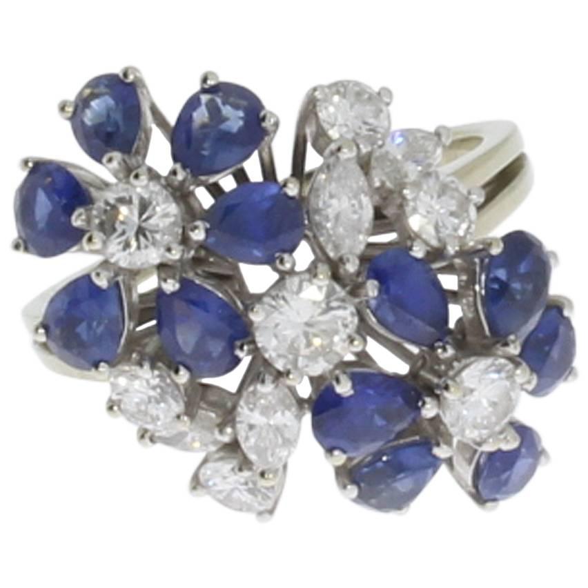 Sapphire Diamond Gold Flowers Ring
