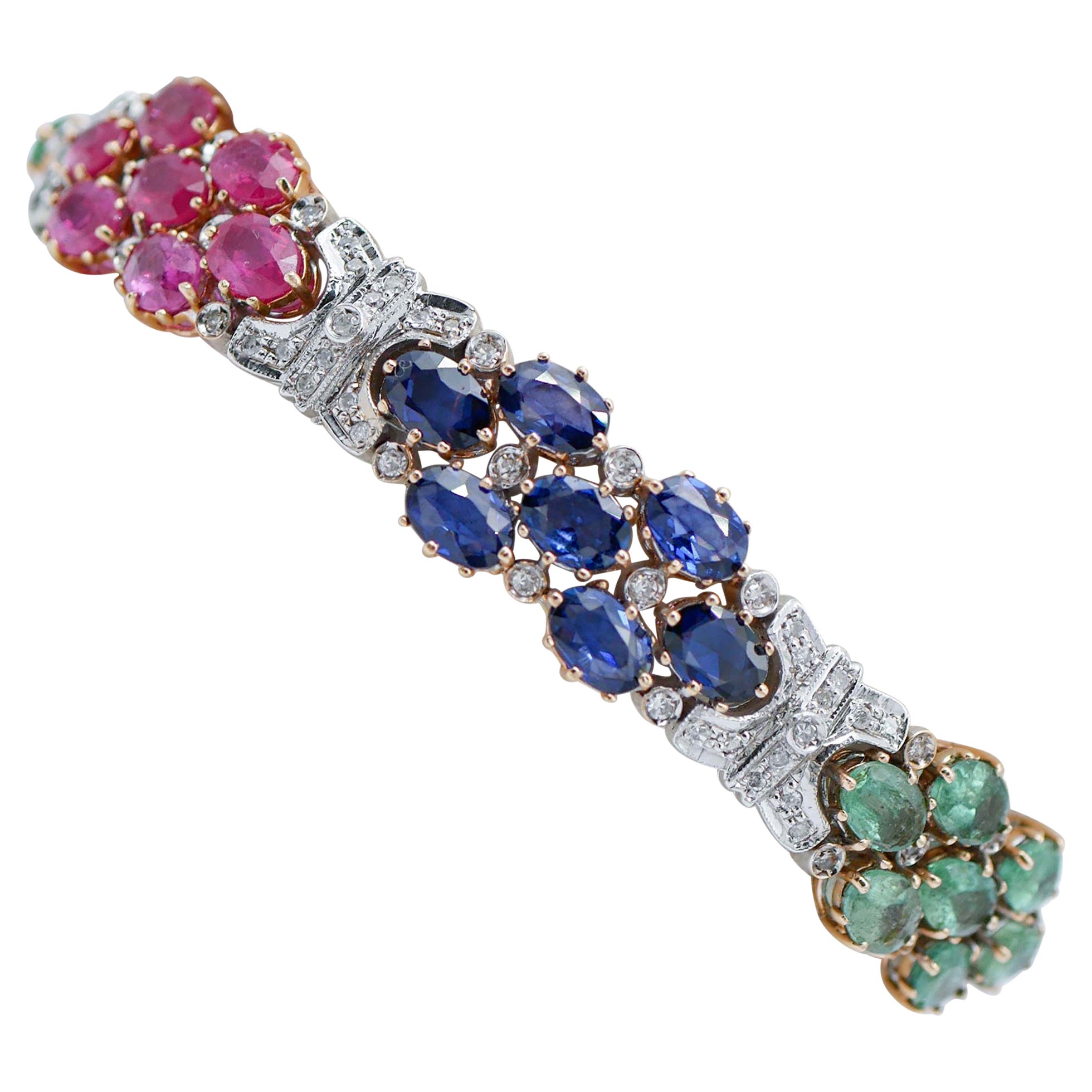 Sapphires, Rubies, Emeralds, Diamonds, 14 Karat White and Rose Gold Bracelet For Sale