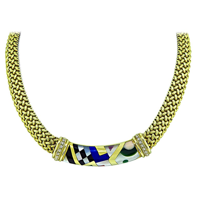 Asch Grossbardt Diamond Multi Gemstone Inlay Gold Necklace For Sale