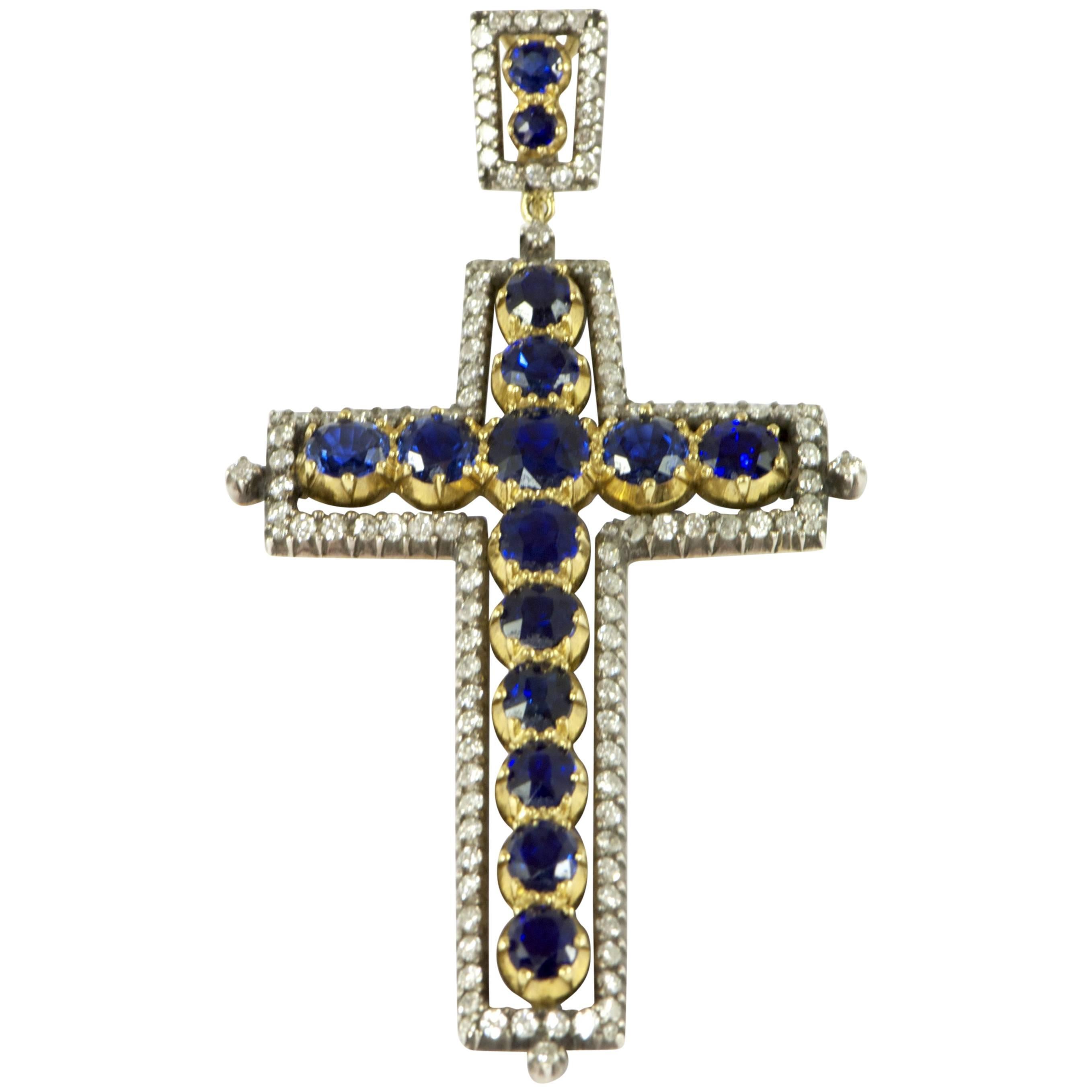 Sapphire Diamond Gold Cross Pendant
