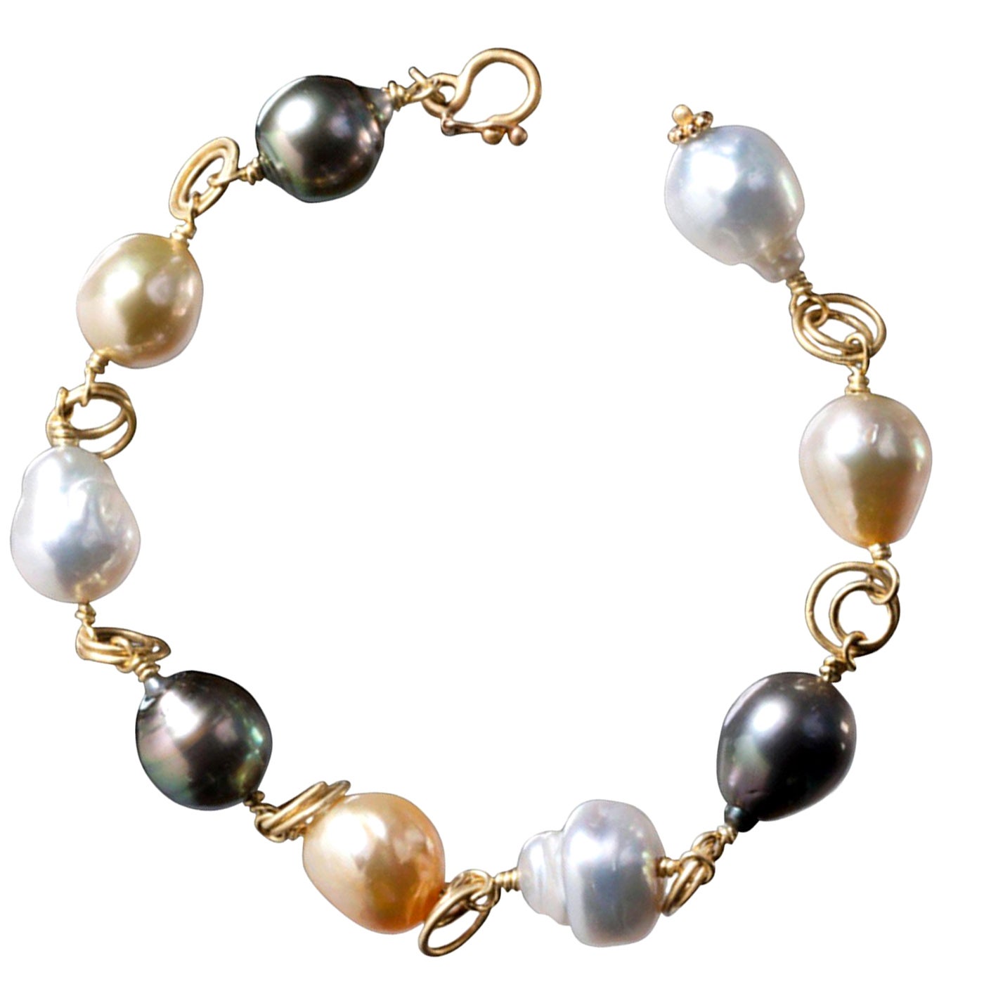 Faye Kim 18 Karat Gold Multi-Color South Sea Baroque Pearl Gold Link Bracelet For Sale
