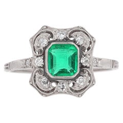 Bague de fiançailles édouardienne ancienne en filigrane avec émeraude et diamants