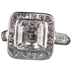 Antique Art Deco Platinum Asscher Cut Diamond French Cut Engagement Ring, GIA