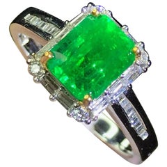 Antique Natural Colombian Emerald Diamond Engagement Ring in White Solid Gold