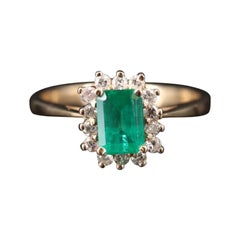 Halo Emerald Cut Emerald Diamonds Engagement Ring, Unique 18K Gold Wedding Ring